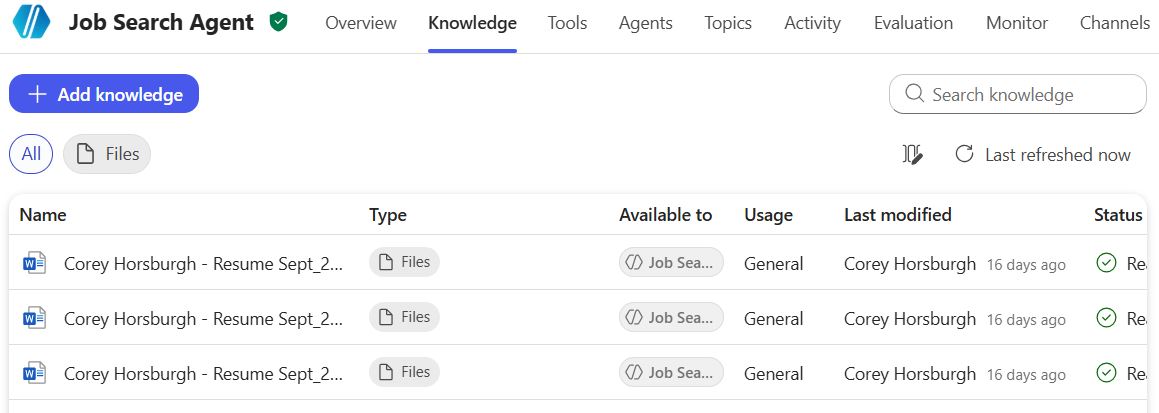 Screenshot of the Job Search Agent's knowledge base in Copilot Studio